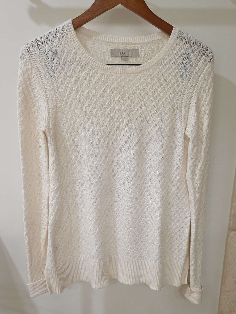LOFT Cream Open-Knit Crewneck Sweater